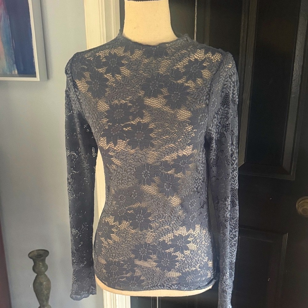 Chic Floral Lace Long Sleeve Blouse - Charcoal